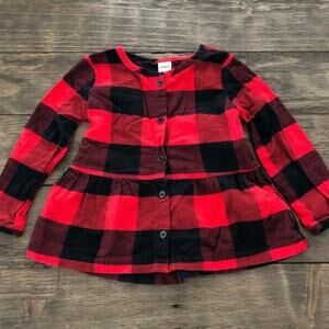 Carter's Red‎ Buffalo Check Plaid Button Up Shirt Peplum Ruffle